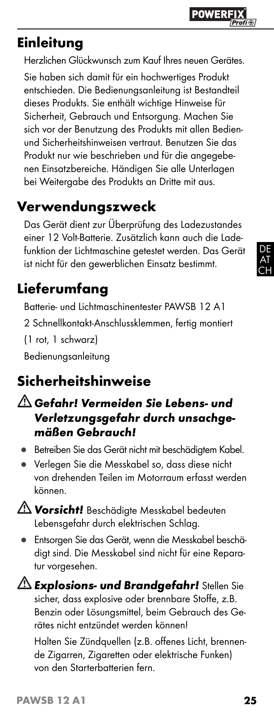 Einleitung, Verwendungszweck, Lieferumfang | Sicherheitshinweise | Powerfix PAWSB 12 A1 User Manual | Page 27 / 31