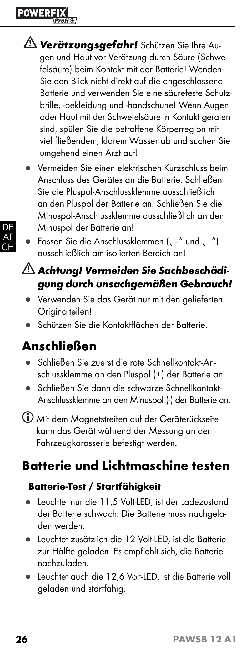 Anschließen, Batterie und lichtmaschine testen | Powerfix PAWSB 12 A1 User Manual | Page 28 / 31