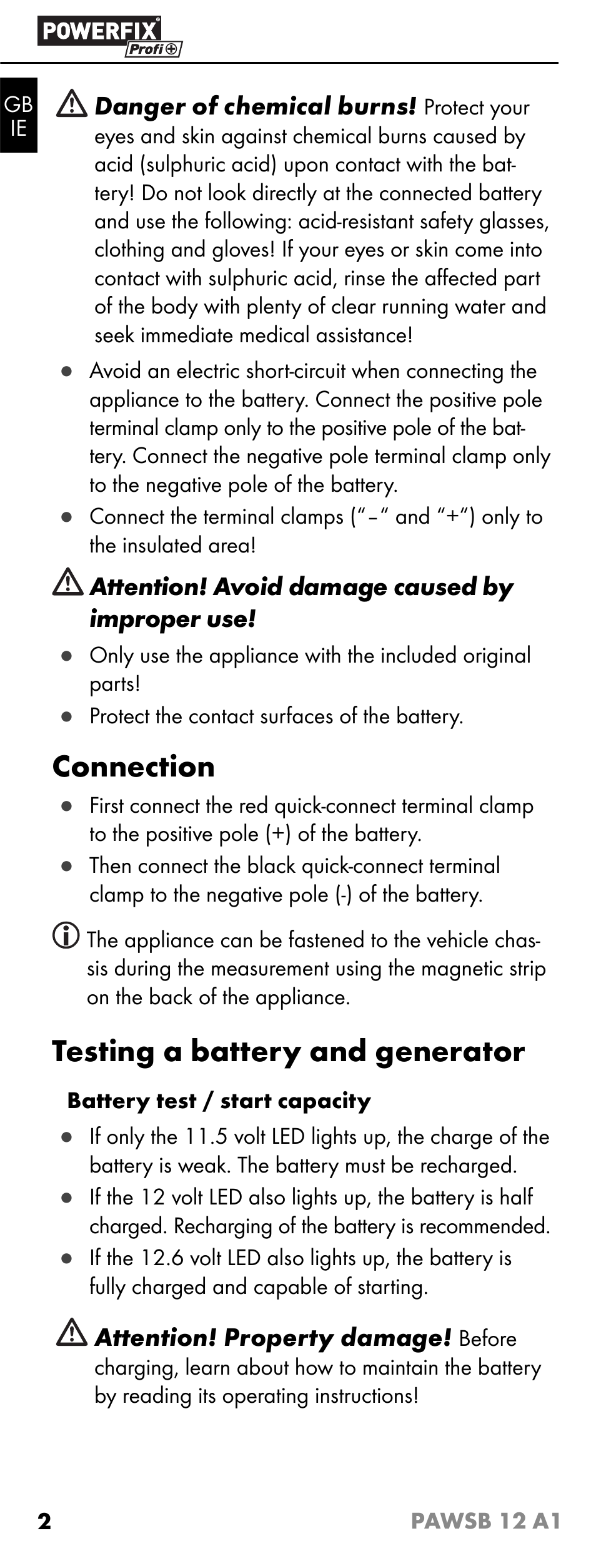 Connection, Testing a battery and generator | Powerfix PAWSB 12 A1 User Manual | Page 4 / 31