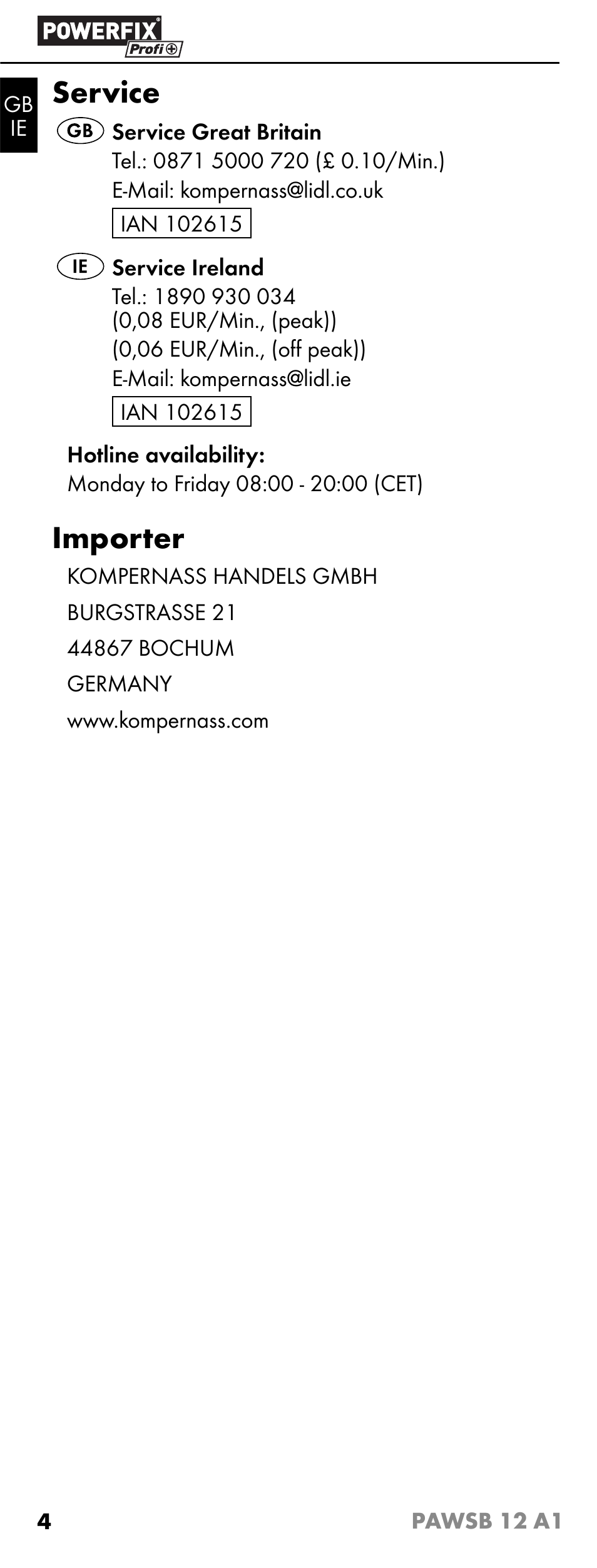 Service, Importer | Powerfix PAWSB 12 A1 User Manual | Page 6 / 31