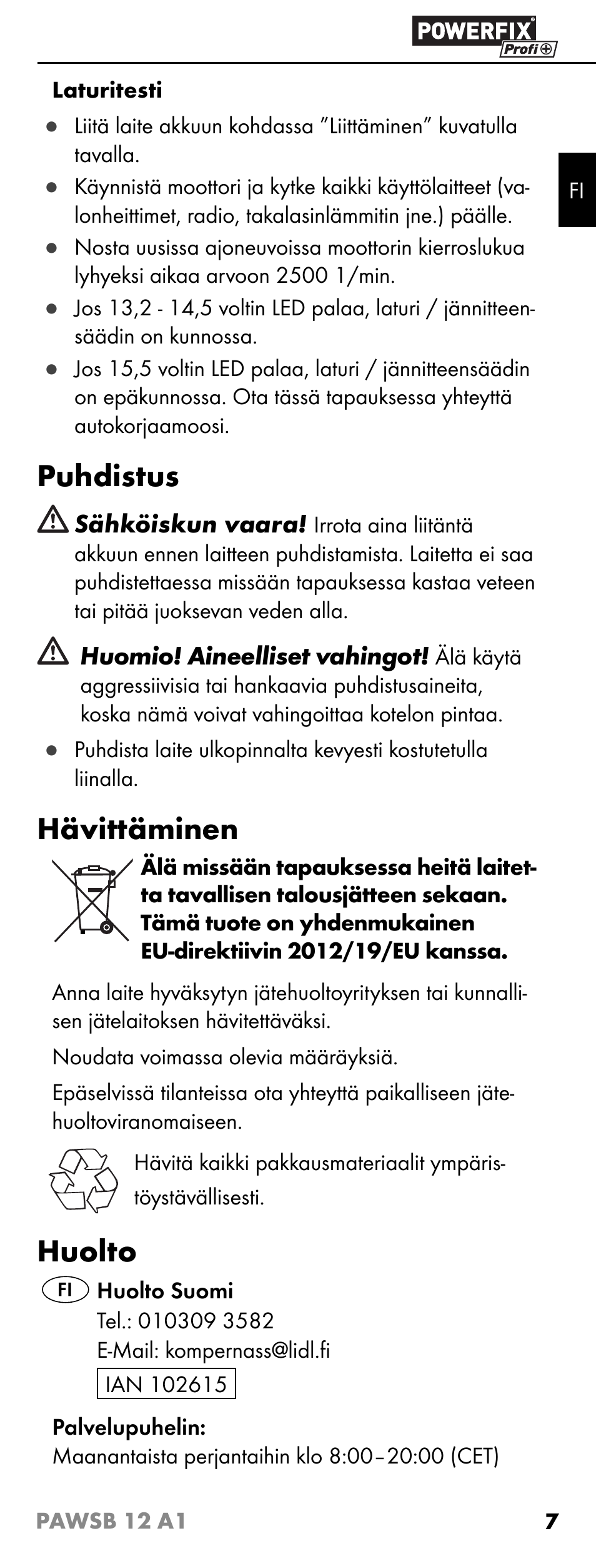 Puhdistus, Hävittäminen, Huolto | Powerfix PAWSB 12 A1 User Manual | Page 9 / 31