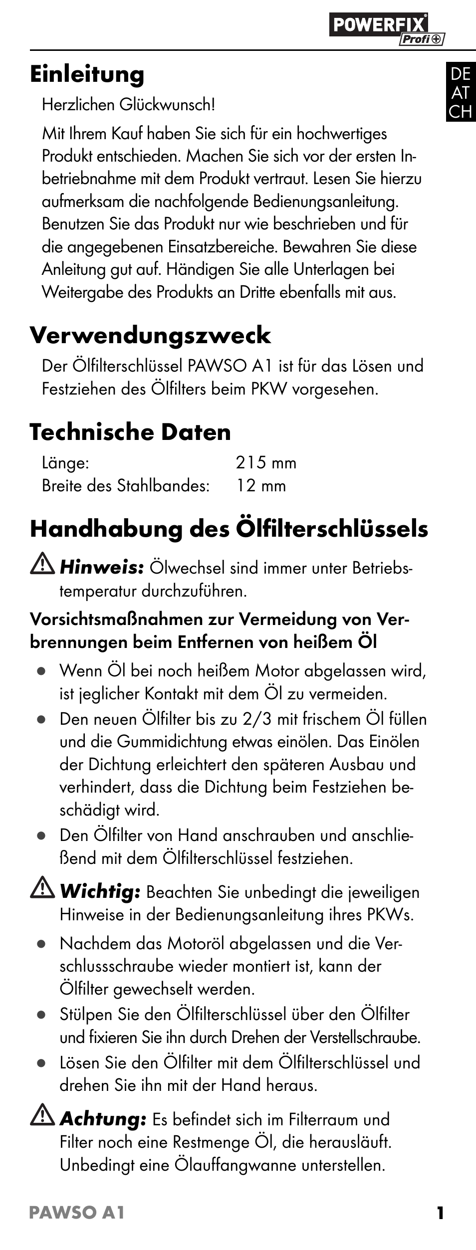 Einleitung, Verwendungszweck, Technische daten | Handhabung des ölﬁ lterschlüssels | Powerfix PAWSO A1 User Manual | Page 3 / 11