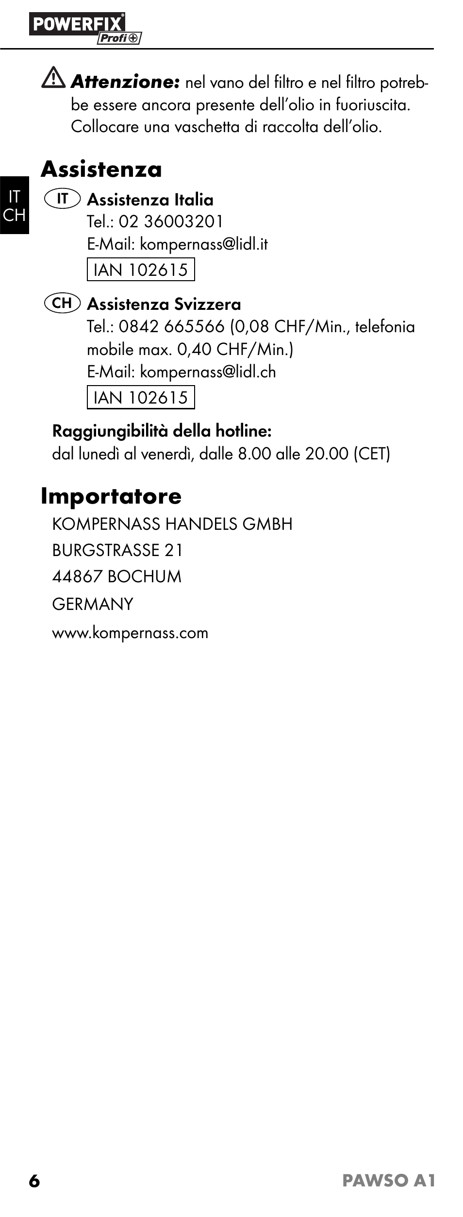 Assistenza, Importatore | Powerfix PAWSO A1 User Manual | Page 8 / 11