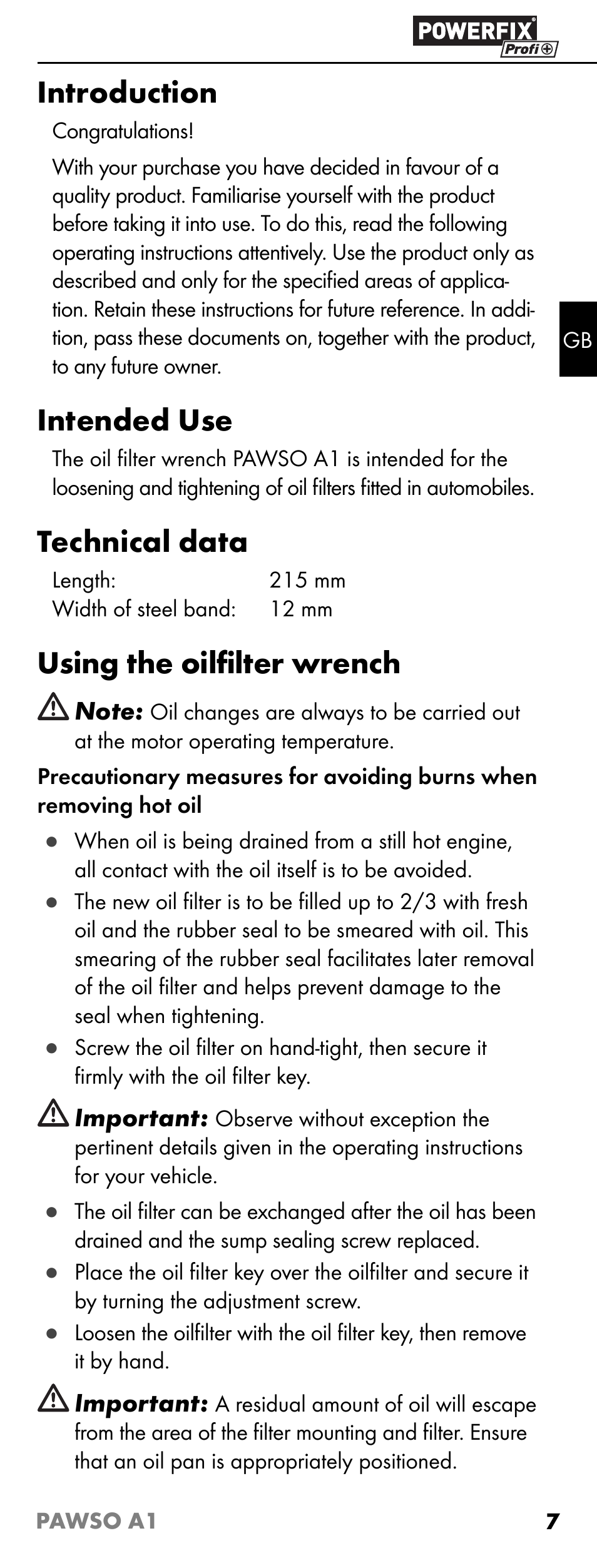 Introduction, Intended use, Technical data | Using the oilﬁ lter wrench | Powerfix PAWSO A1 User Manual | Page 9 / 11