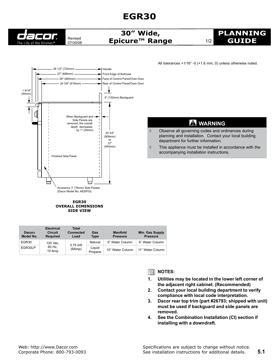 Dacor Epicure EGR30LP User Manual | 2 pages