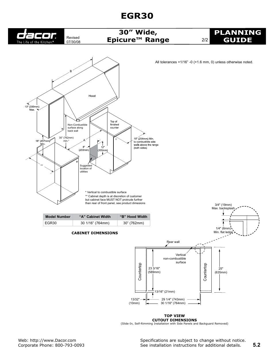 Egr30, Planning guide, 30” wide, epicure™ range | Dacor Epicure EGR30LP User Manual | Page 2 / 2