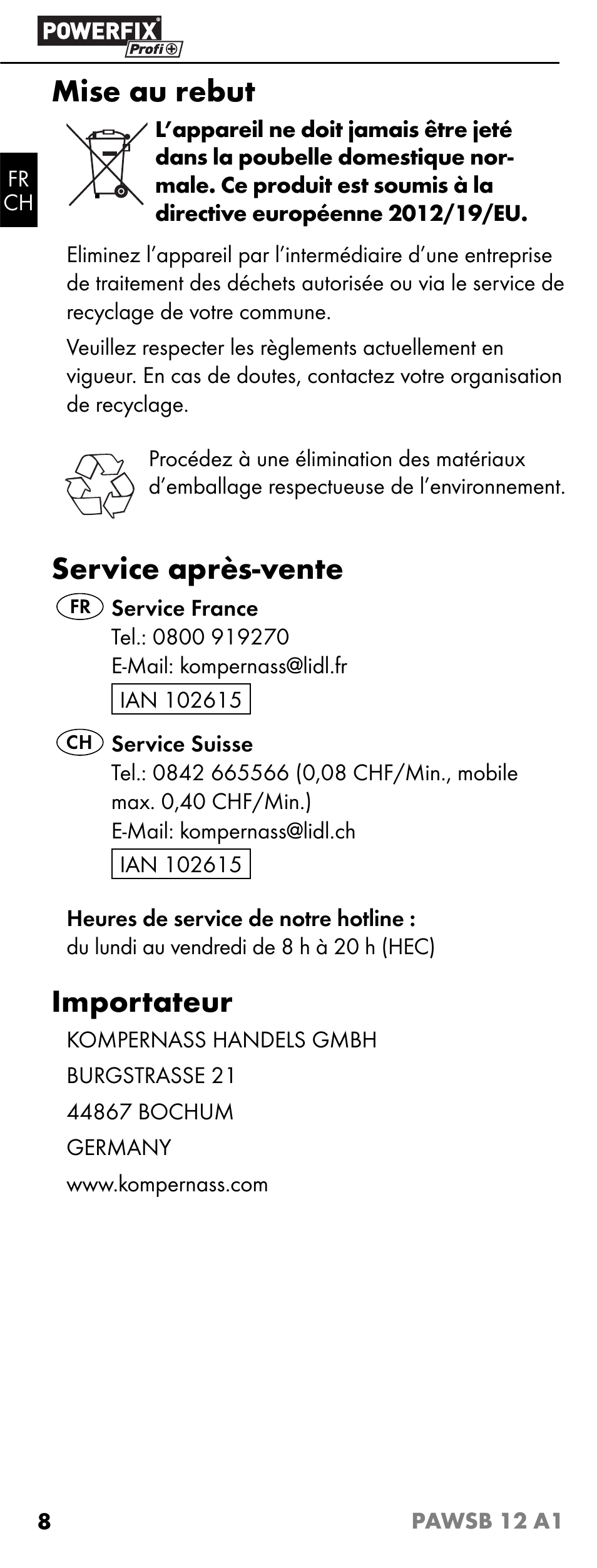 Mise au rebut, Service après-vente, Importateur | Powerfix PAWSB 12 A1 User Manual | Page 10 / 19