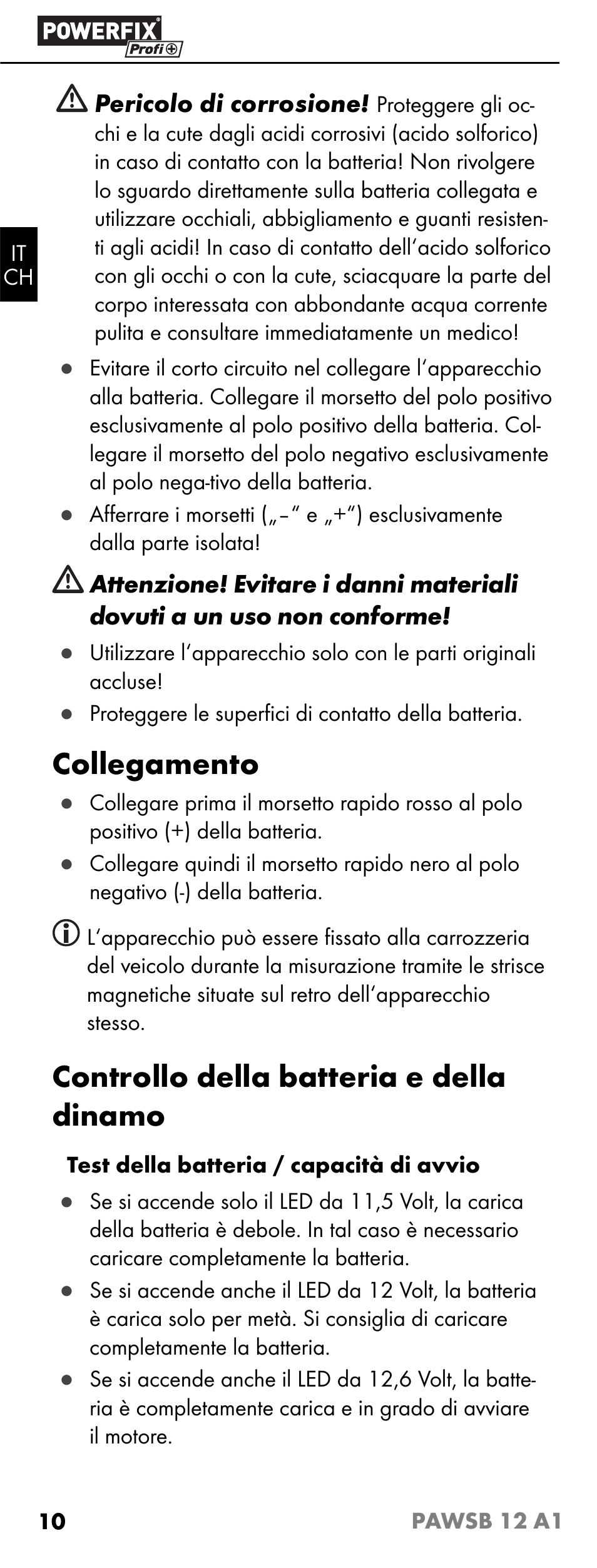 Collegamento, Controllo della batteria e della dinamo | Powerfix PAWSB 12 A1 User Manual | Page 12 / 19