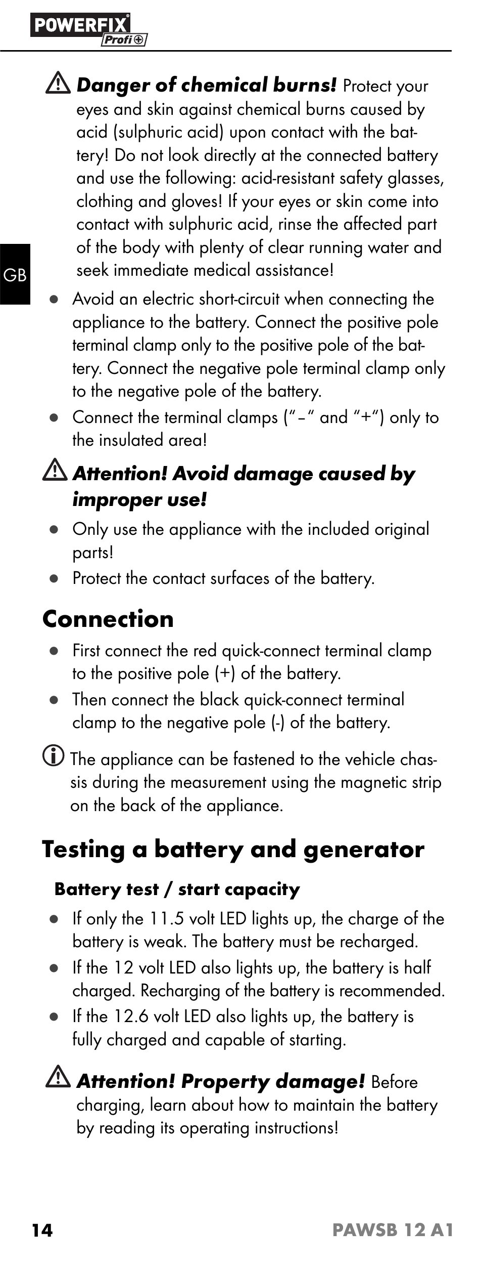 Connection, Testing a battery and generator | Powerfix PAWSB 12 A1 User Manual | Page 16 / 19