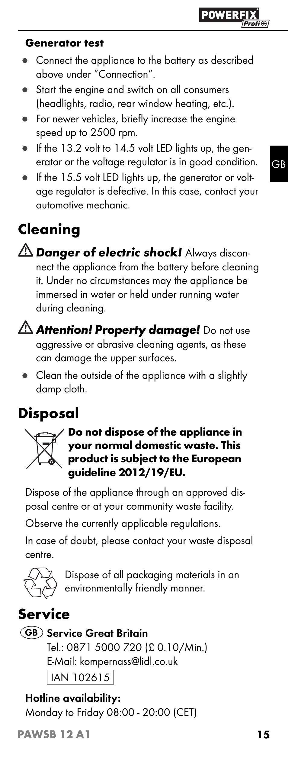 Cleaning, Disposal, Service | Powerfix PAWSB 12 A1 User Manual | Page 17 / 19