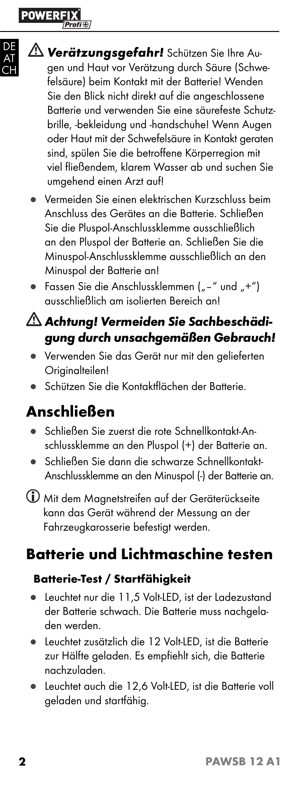 Anschließen, Batterie und lichtmaschine testen | Powerfix PAWSB 12 A1 User Manual | Page 4 / 19