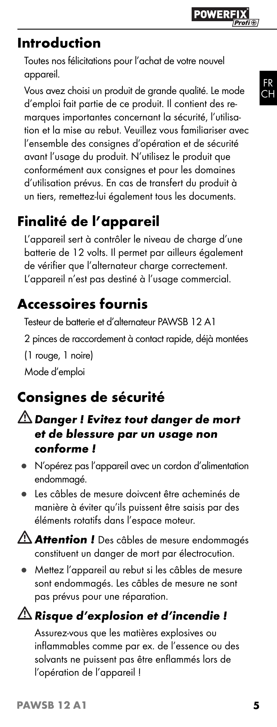 Introduction, Finalité de l’appareil, Accessoires fournis | Consignes de sécurité | Powerfix PAWSB 12 A1 User Manual | Page 7 / 19