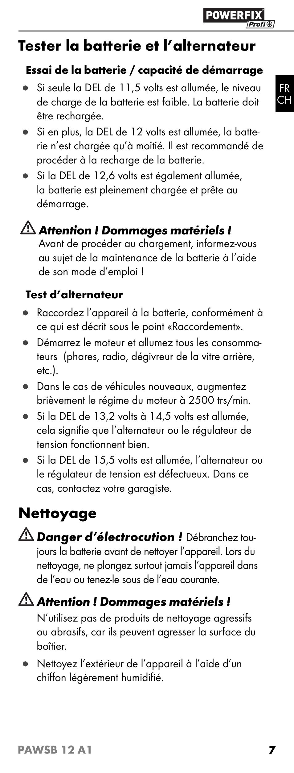 Tester la batterie et l’alternateur, Nettoyage | Powerfix PAWSB 12 A1 User Manual | Page 9 / 19