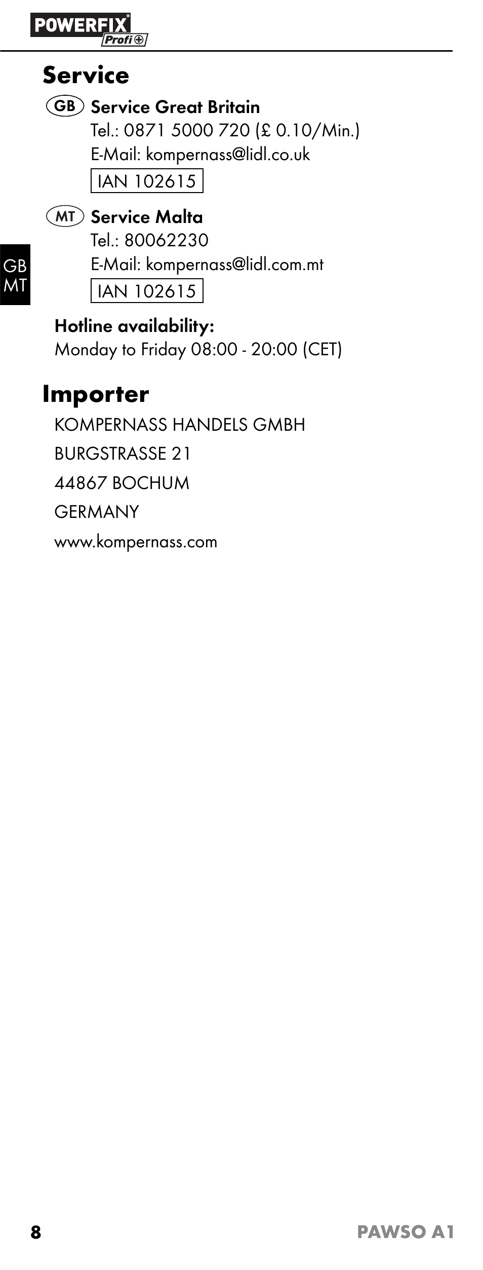 Service, Importer | Powerfix PAWSO A1 User Manual | Page 10 / 13