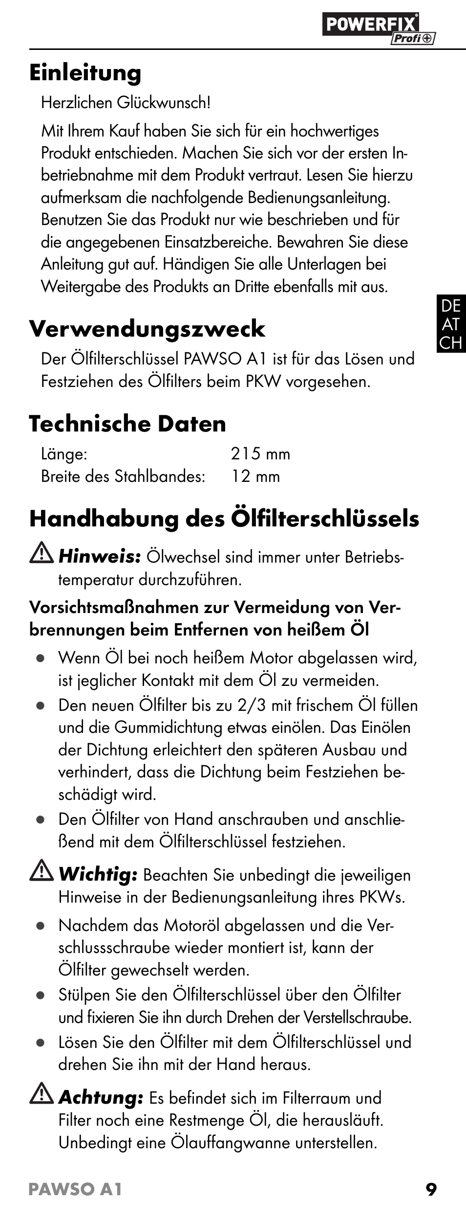 Einleitung, Verwendungszweck, Technische daten | Handhabung des ölﬁ lterschlüssels | Powerfix PAWSO A1 User Manual | Page 11 / 13