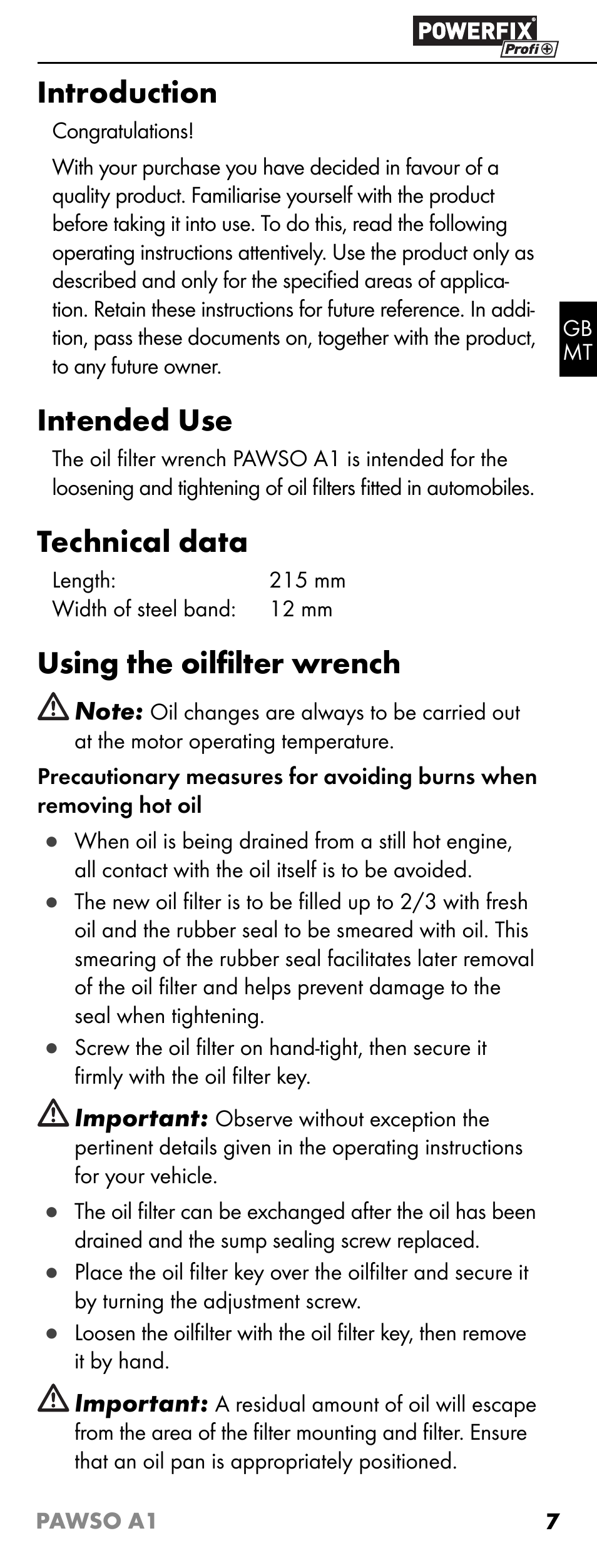 Introduction, Intended use, Technical data | Using the oilﬁ lter wrench | Powerfix PAWSO A1 User Manual | Page 9 / 13