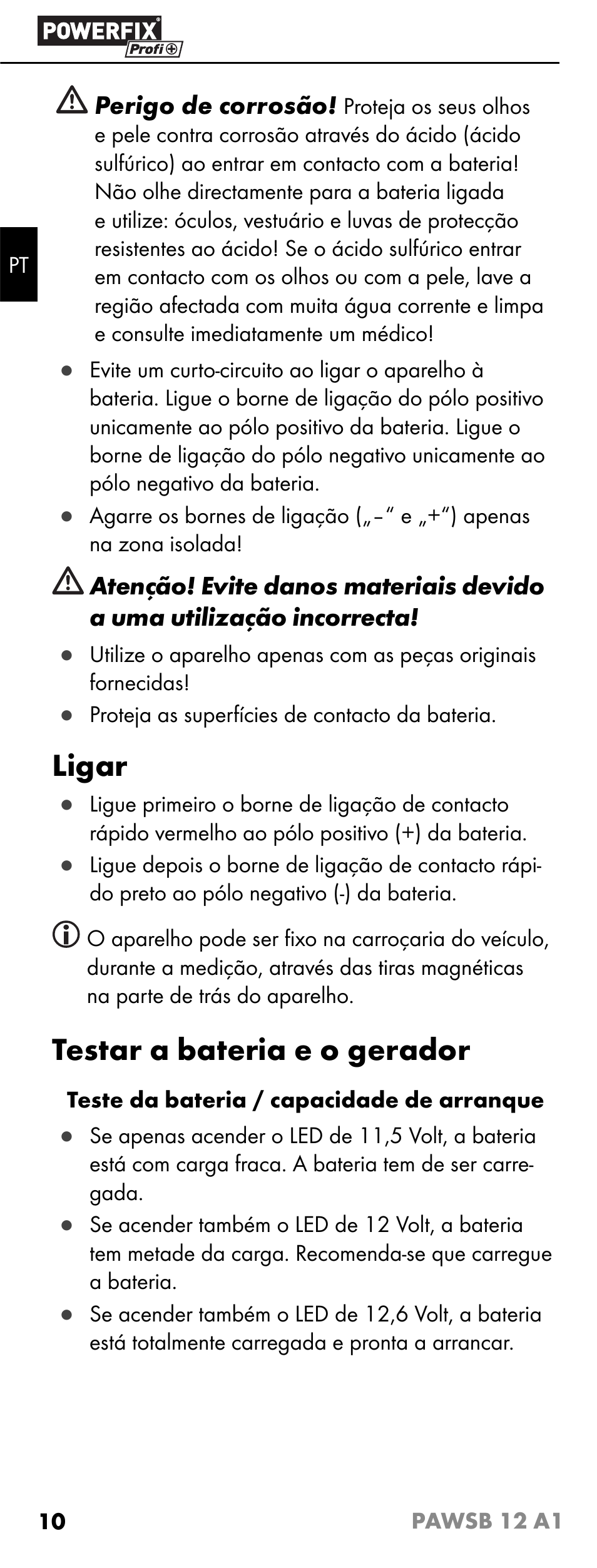 Ligar, Testar a bateria e o gerador | Powerfix PAWSB 12 A1 User Manual | Page 12 / 23