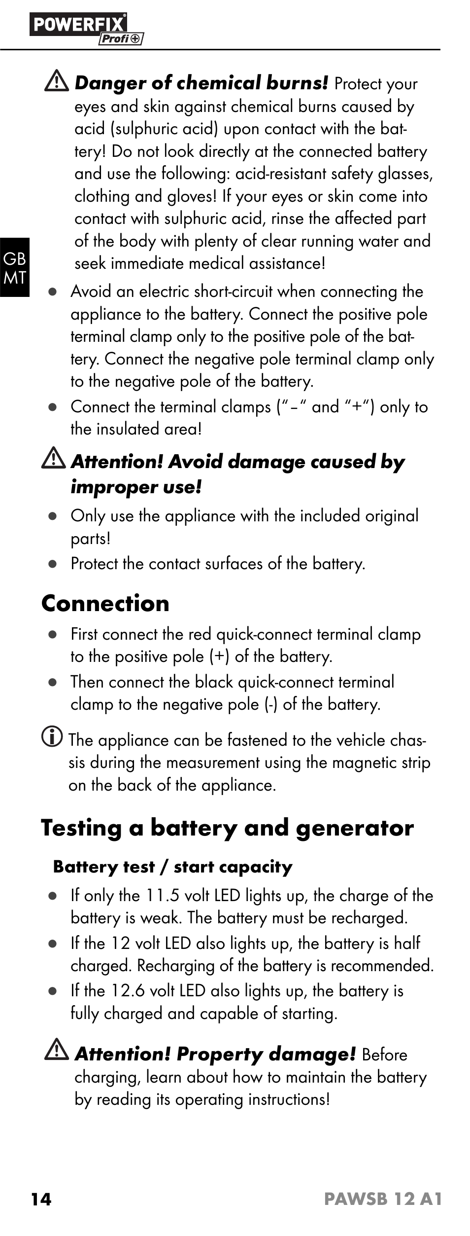 Connection, Testing a battery and generator | Powerfix PAWSB 12 A1 User Manual | Page 16 / 23