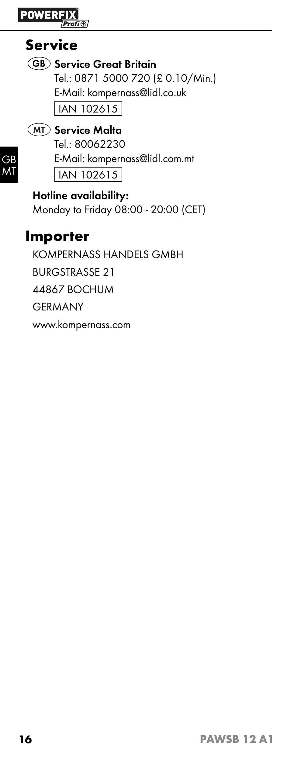 Service, Importer | Powerfix PAWSB 12 A1 User Manual | Page 18 / 23