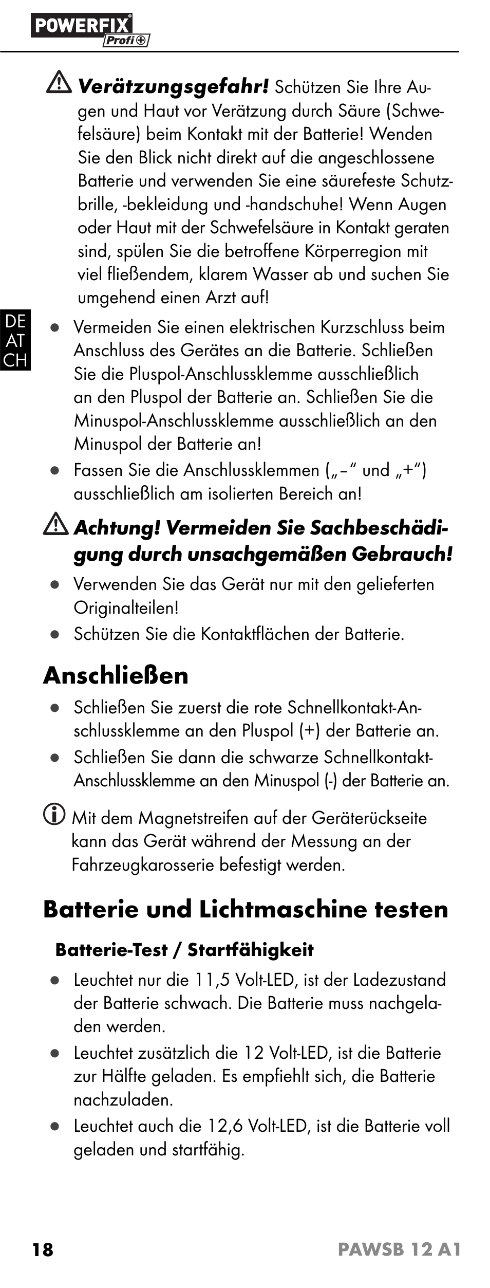 Anschließen, Batterie und lichtmaschine testen | Powerfix PAWSB 12 A1 User Manual | Page 20 / 23