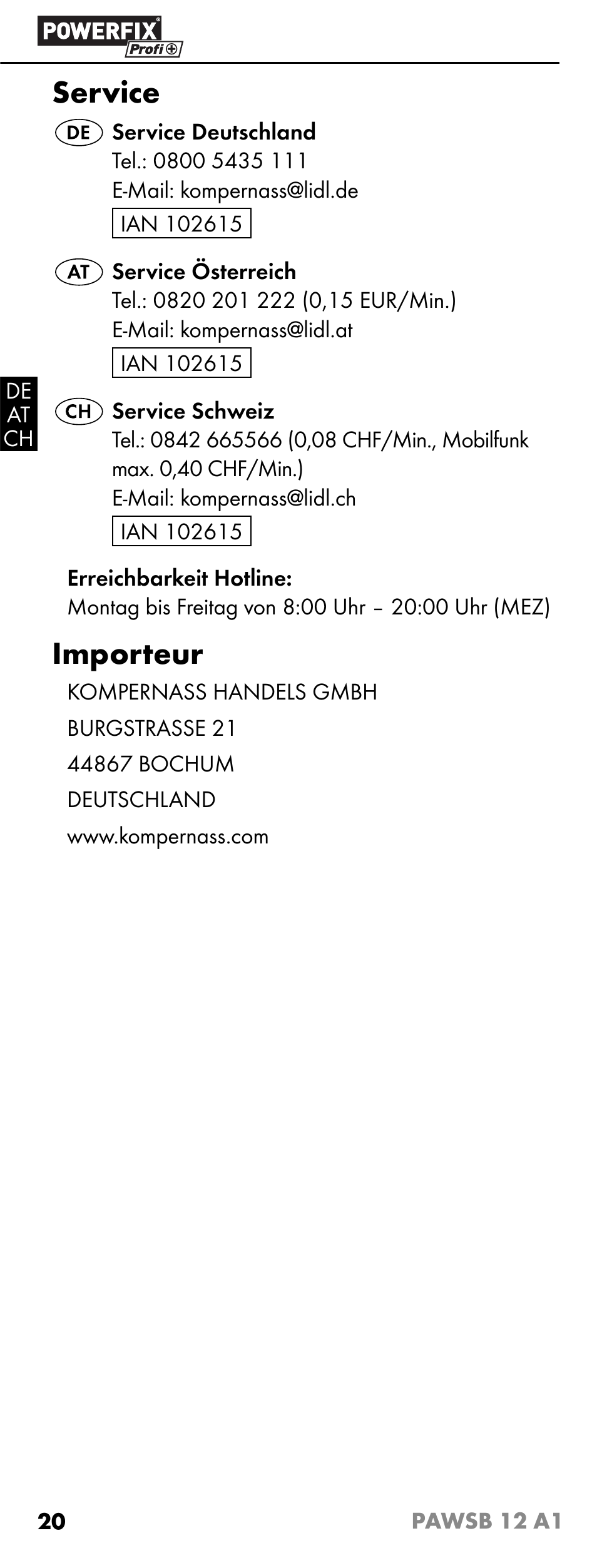 Service, Importeur | Powerfix PAWSB 12 A1 User Manual | Page 22 / 23