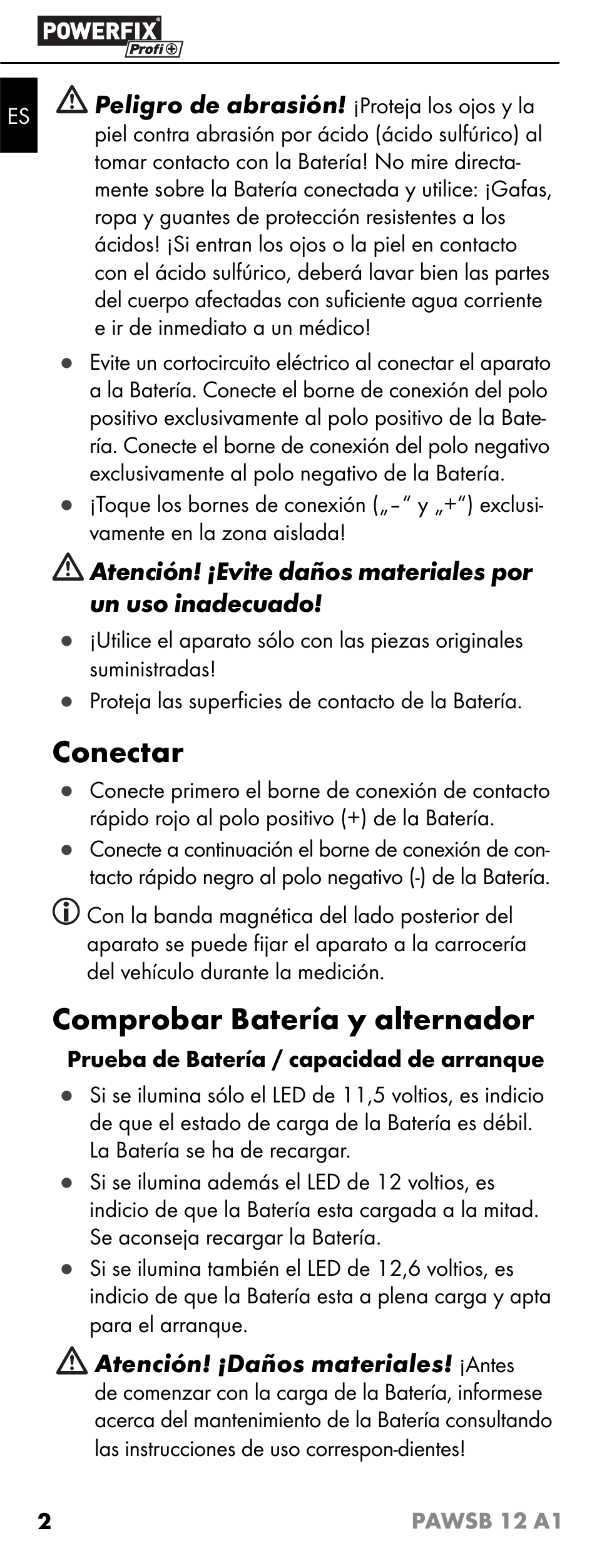 Conectar, Comprobar batería y alternador | Powerfix PAWSB 12 A1 User Manual | Page 4 / 23