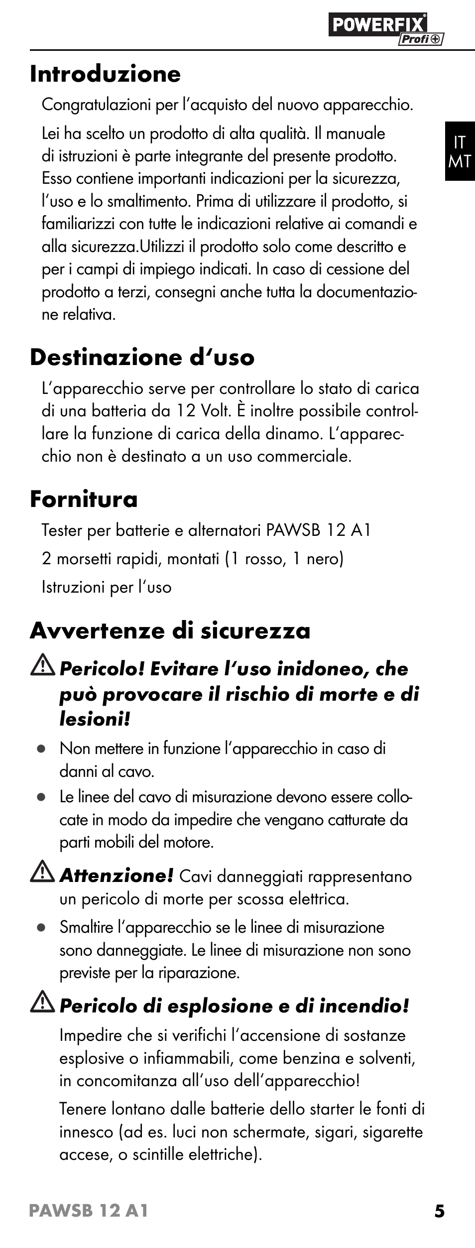 Introduzione, Destinazione d‘uso, Fornitura | Avvertenze di sicurezza | Powerfix PAWSB 12 A1 User Manual | Page 7 / 23