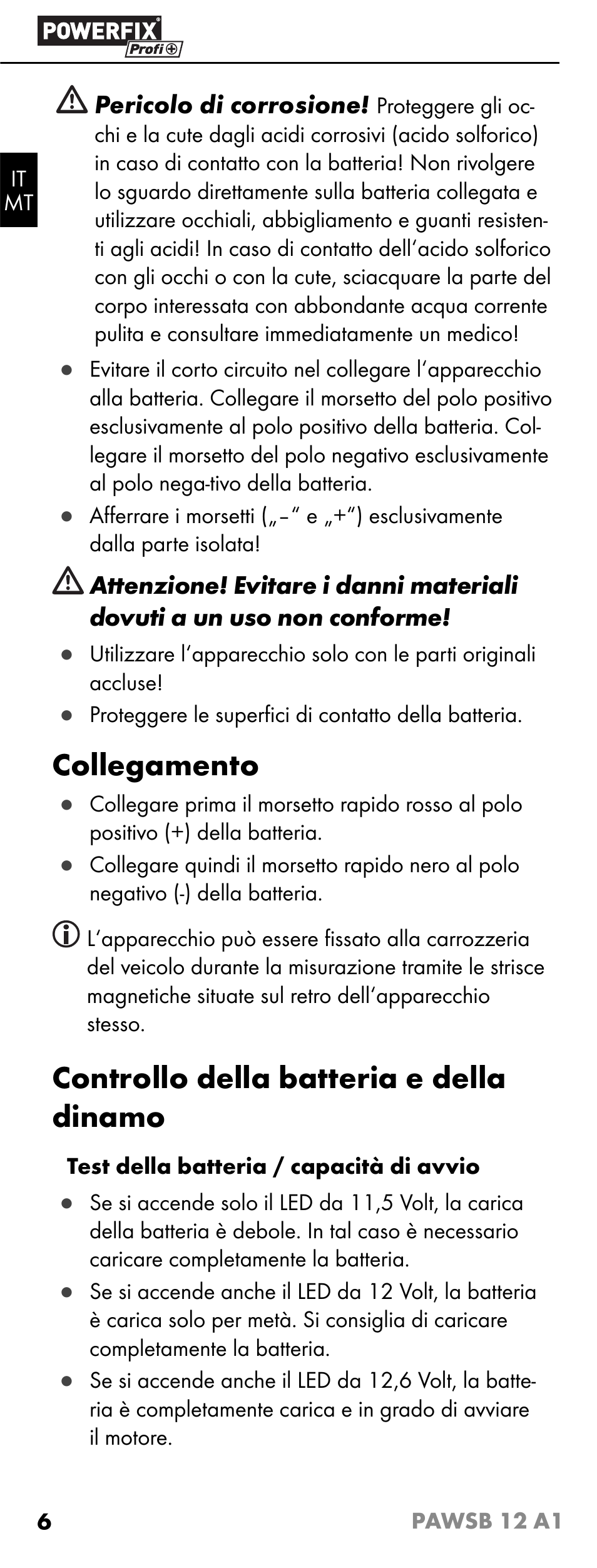 Collegamento, Controllo della batteria e della dinamo | Powerfix PAWSB 12 A1 User Manual | Page 8 / 23