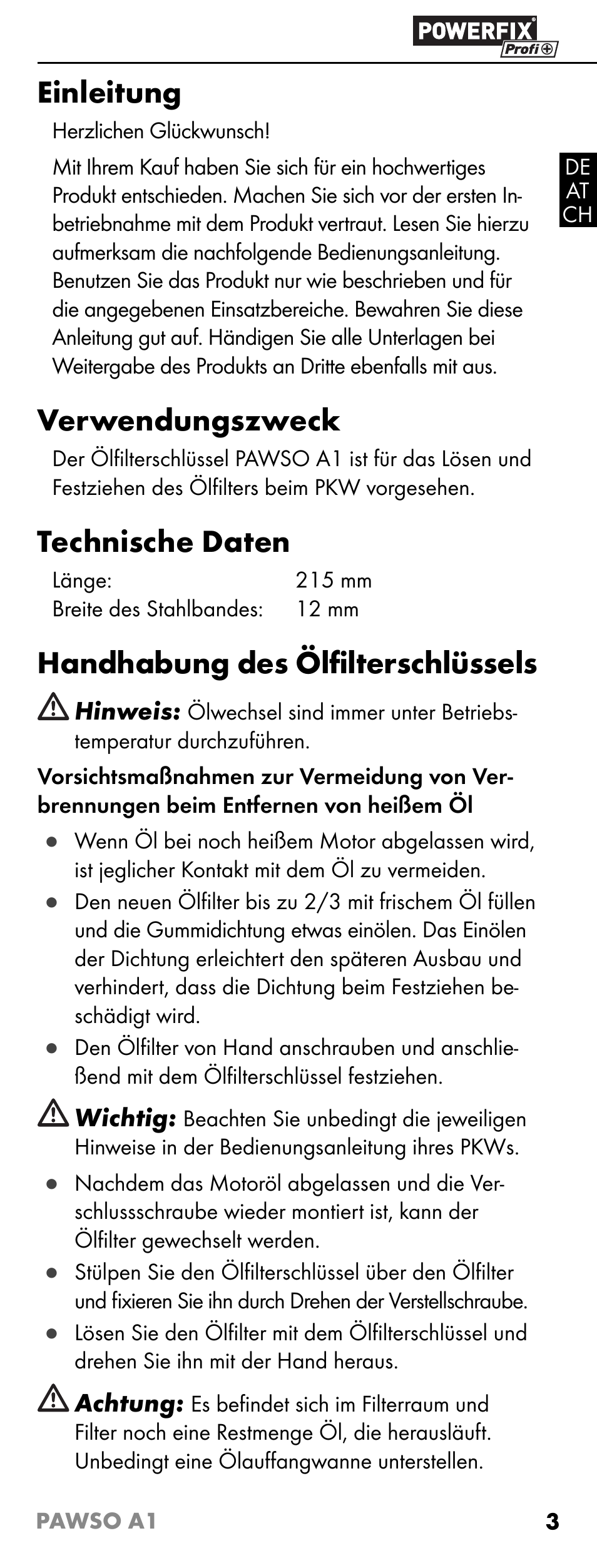 Einleitung, Verwendungszweck, Technische daten | Handhabung des ölﬁ lterschlüssels | Powerfix PAWSO A1 User Manual | Page 5 / 9