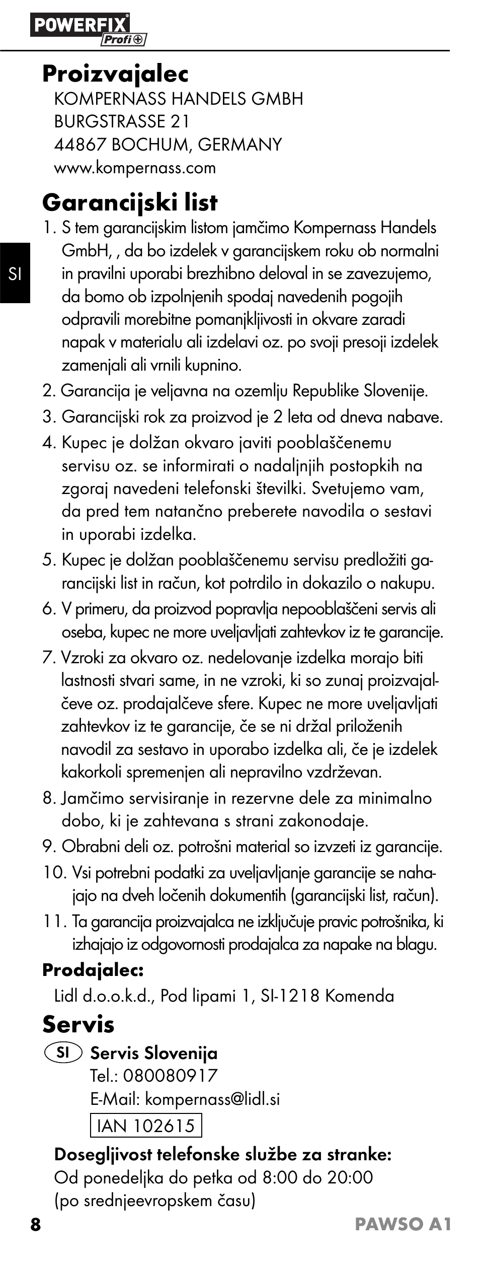 Proizvajalec, Garancijski list, Servis | Powerfix PAWSO A1 User Manual | Page 10 / 17