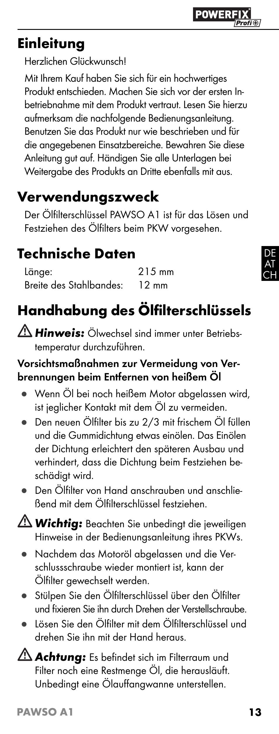 Einleitung, Verwendungszweck, Technische daten | Handhabung des ölﬁ lterschlüssels | Powerfix PAWSO A1 User Manual | Page 15 / 17