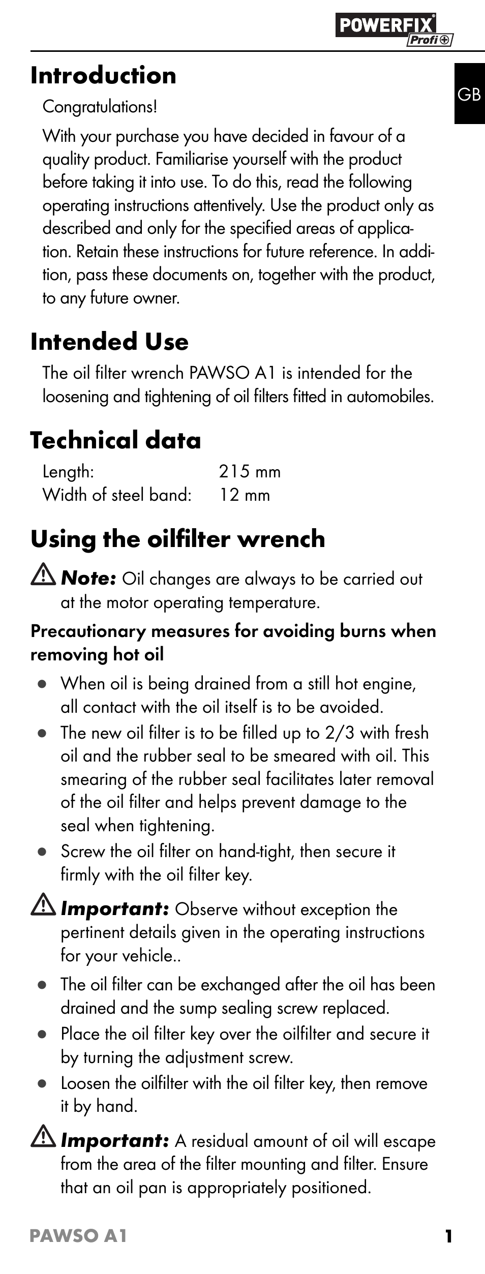 Introduction, Intended use, Technical data | Using the oilﬁ lter wrench | Powerfix PAWSO A1 User Manual | Page 3 / 17