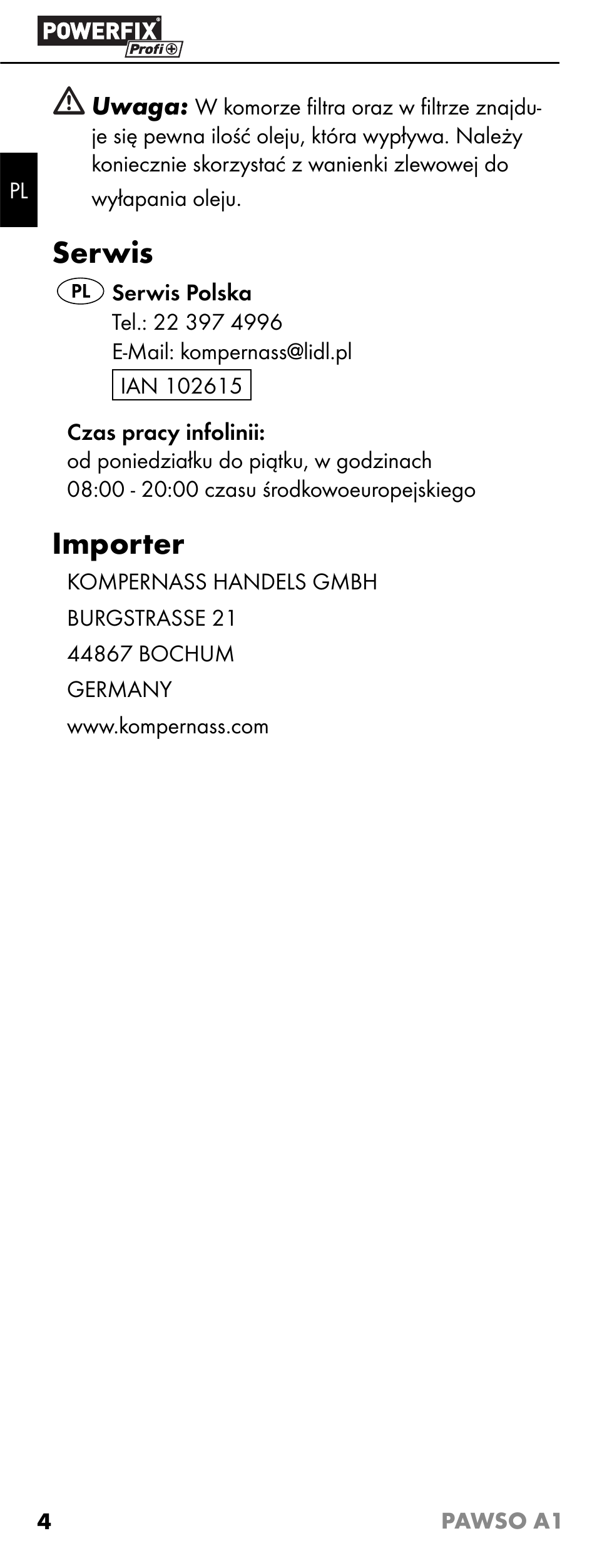 Serwis, Importer | Powerfix PAWSO A1 User Manual | Page 6 / 17