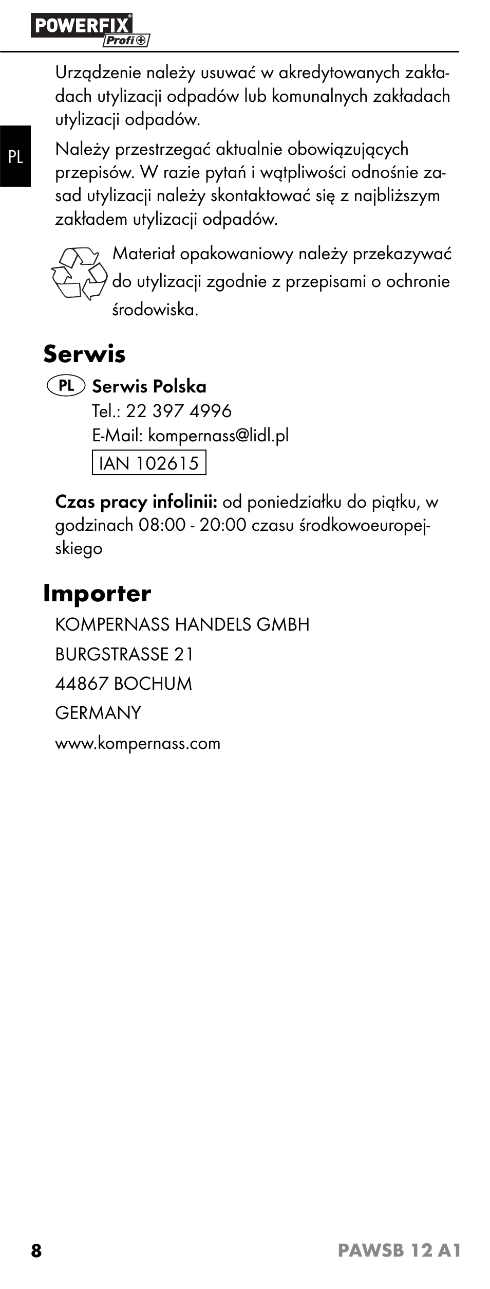 Serwis, Importer | Powerfix PAWSB 12 A1 User Manual | Page 10 / 31