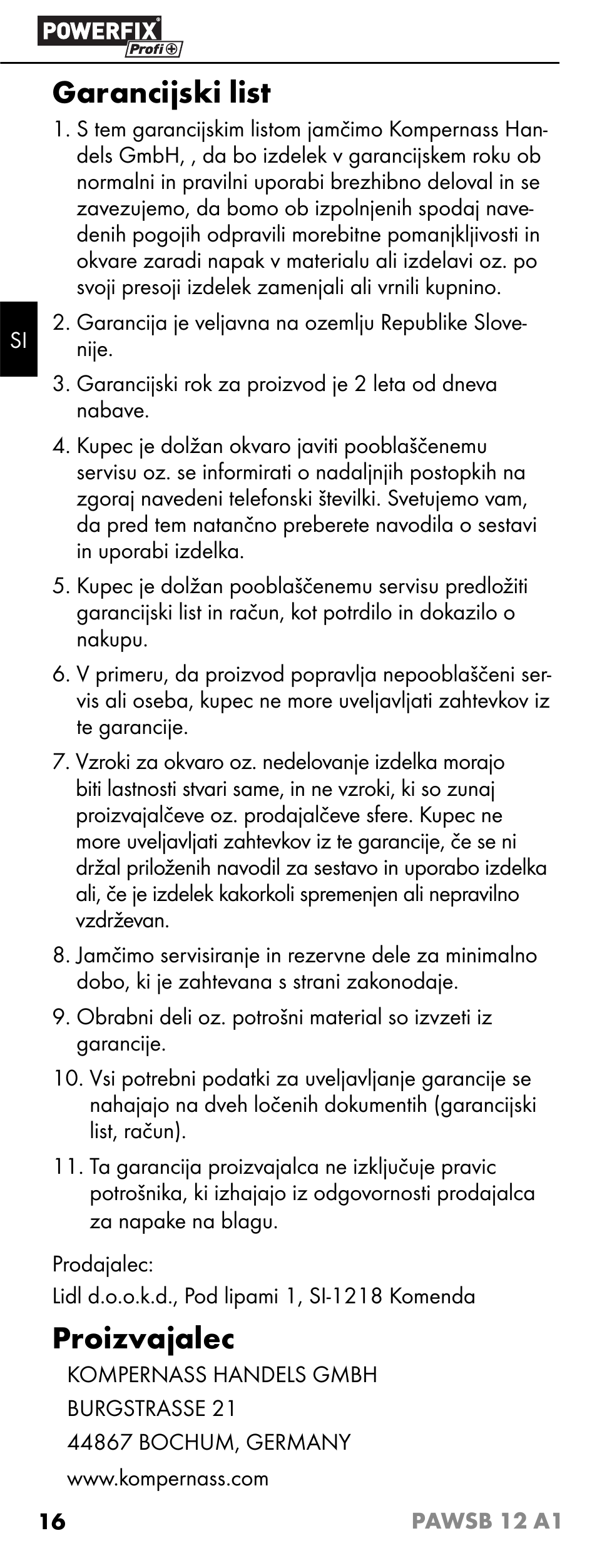 Garancijski list, Proizvajalec | Powerfix PAWSB 12 A1 User Manual | Page 18 / 31