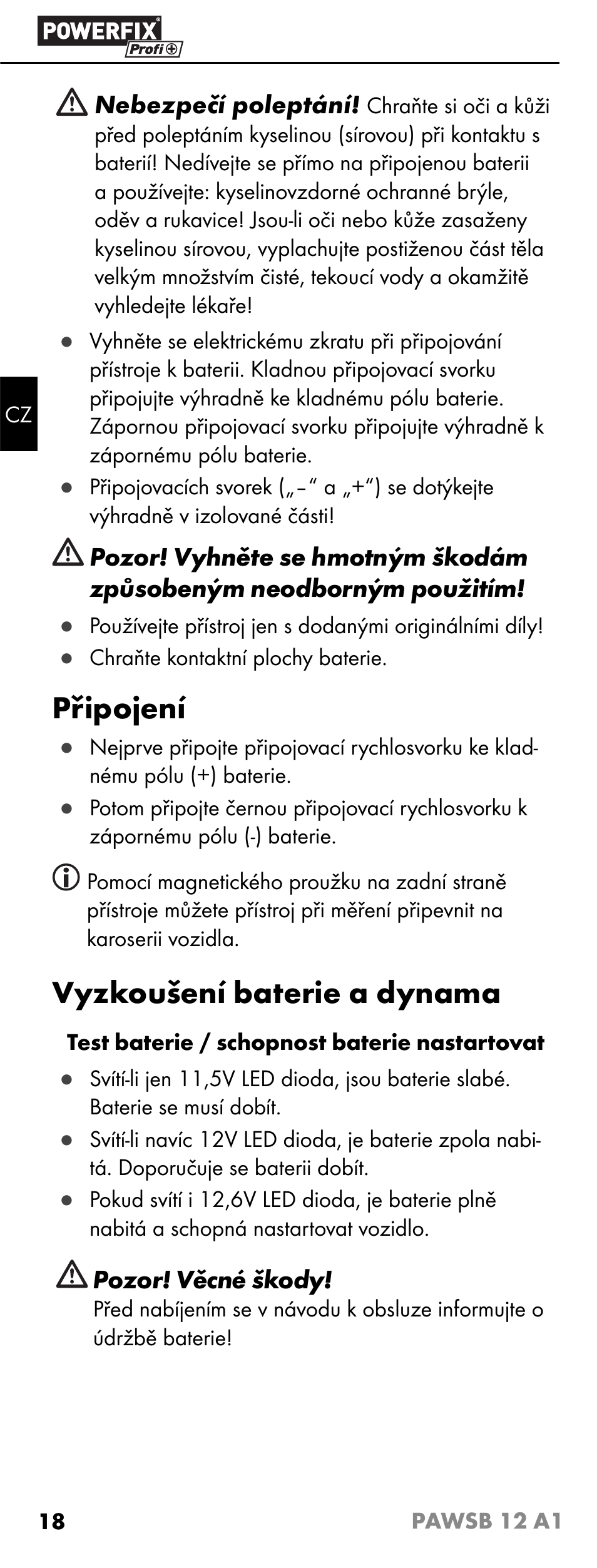 Připojení, Vyzkoušení baterie a dynama | Powerfix PAWSB 12 A1 User Manual | Page 20 / 31