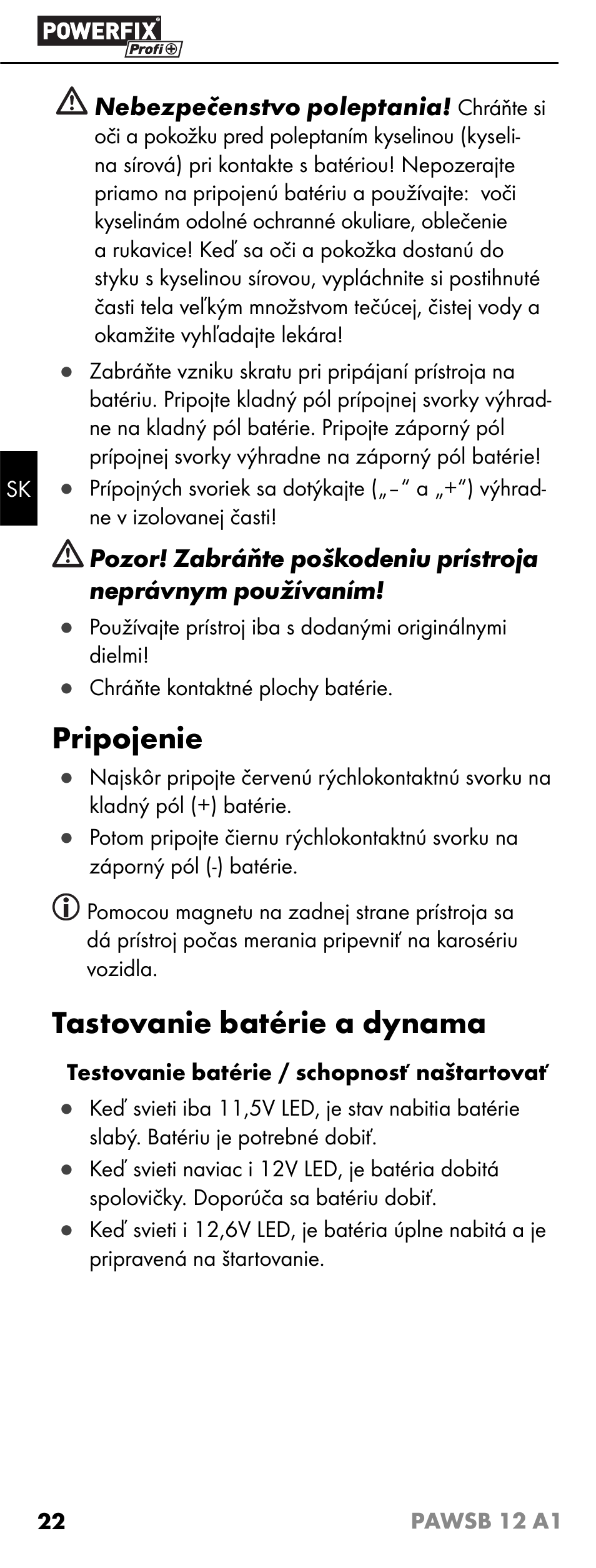 Pripojenie, Tastovanie batérie a dynama | Powerfix PAWSB 12 A1 User Manual | Page 24 / 31