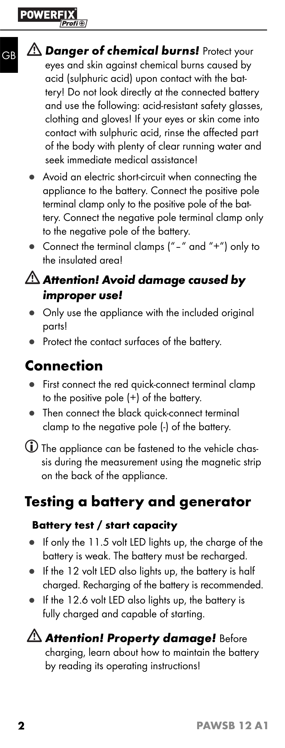 Connection, Testing a battery and generator | Powerfix PAWSB 12 A1 User Manual | Page 4 / 31