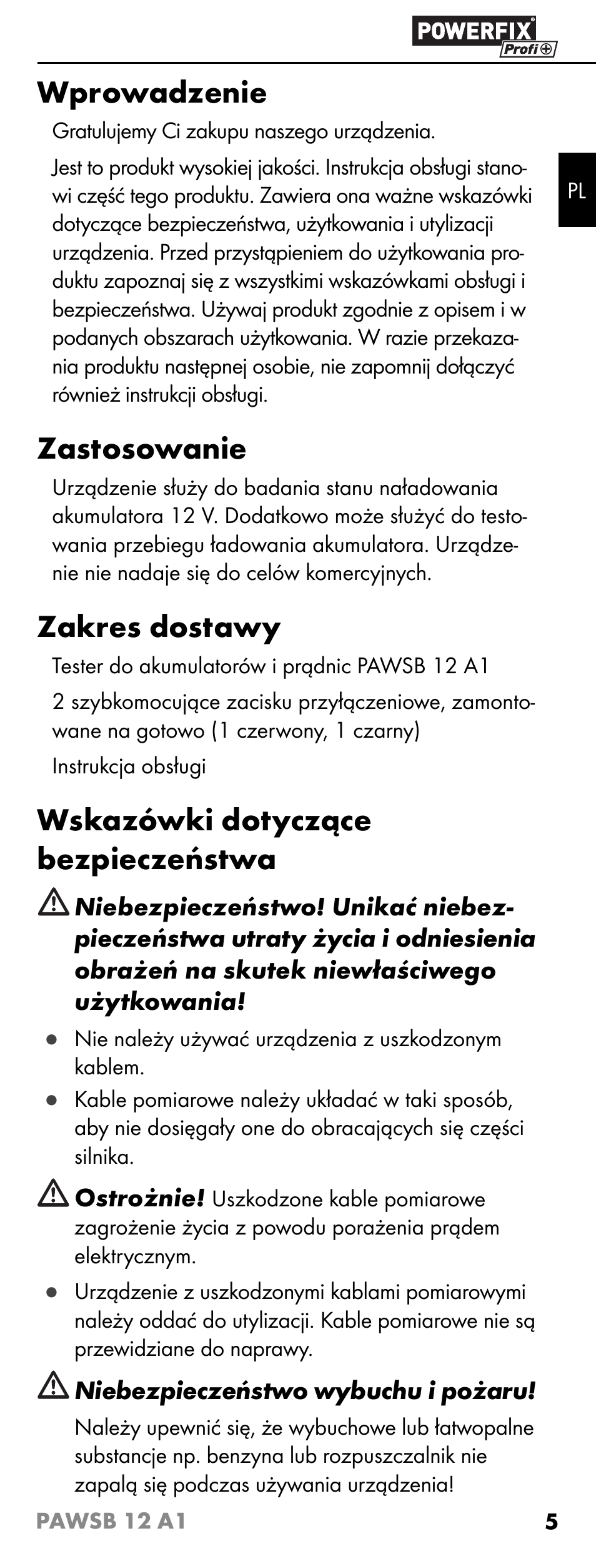 Wprowadzenie, Zastosowanie, Zakres dostawy | Wskazówki dotyczące bezpieczeństwa | Powerfix PAWSB 12 A1 User Manual | Page 7 / 31