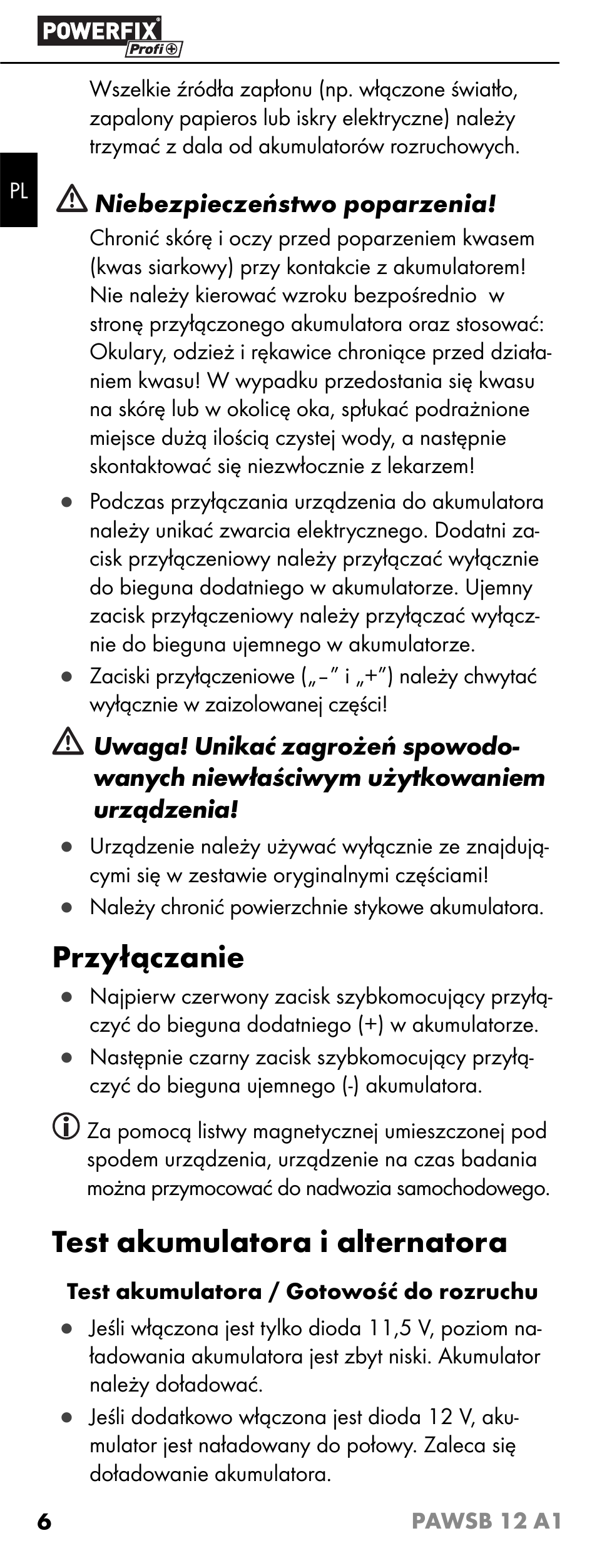 Przyłączanie, Test akumulatora i alternatora | Powerfix PAWSB 12 A1 User Manual | Page 8 / 31