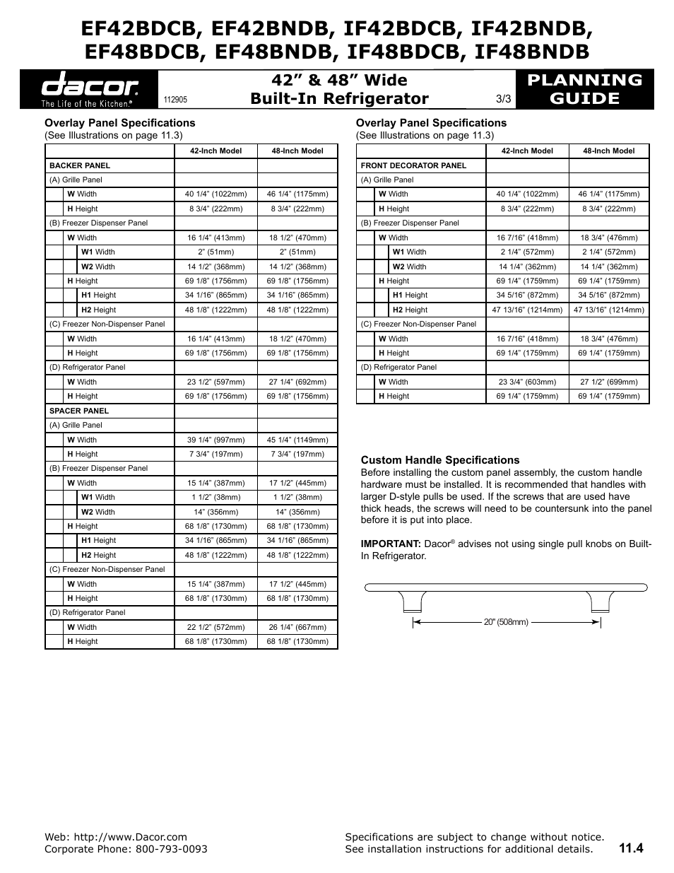 Planning guide, 42” & 48” wide built-in refrigerator, 3/3 overlay panel specifications | Overlay panel specifications, Custom handle specifications | Dacor IF42BNDB User Manual | Page 3 / 3