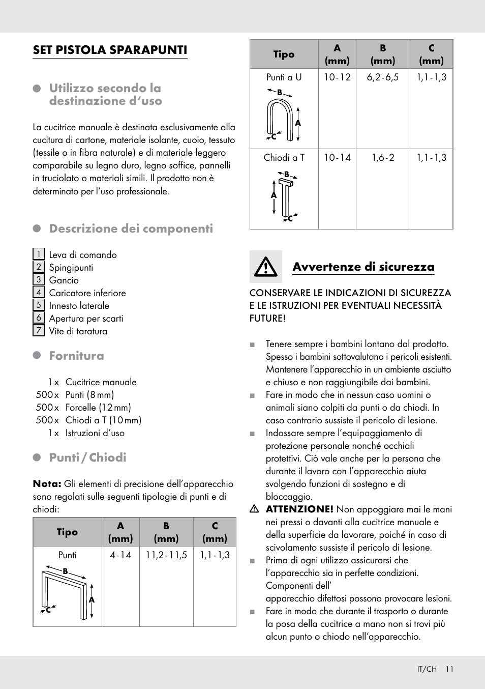 Set pistola sparapunti, Utilizzo secondo la destinazione d‘uso, Descrizione dei componenti | Fornitura, Punti / chiodi, Avvertenze di sicurezza | Powerfix  Z16531 User Manual | Page 11 / 14