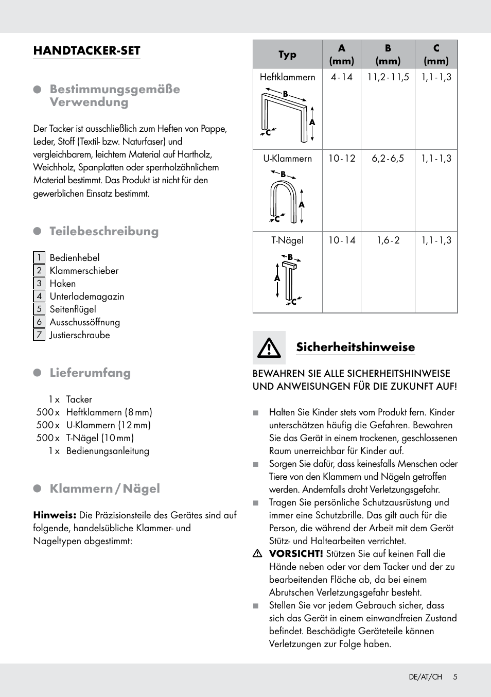Handtacker-set, Bestimmungsgemäße verwendung, Teilebeschreibung | Lieferumfang, Klammern / nägel, Sicherheitshinweise | Powerfix  Z16531 User Manual | Page 5 / 14