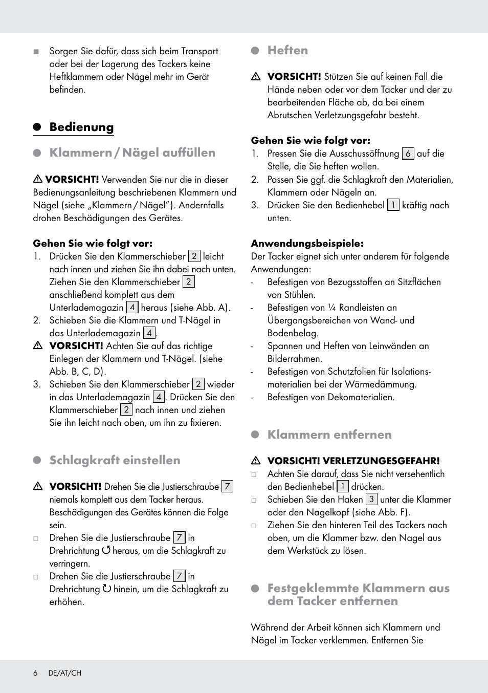 Bedienung, Klammern / nägel auffüllen, Schlagkraft einstellen | Heften, Klammern entfernen, Festgeklemmte klammern aus dem tacker entfernen | Powerfix  Z16531 User Manual | Page 6 / 14