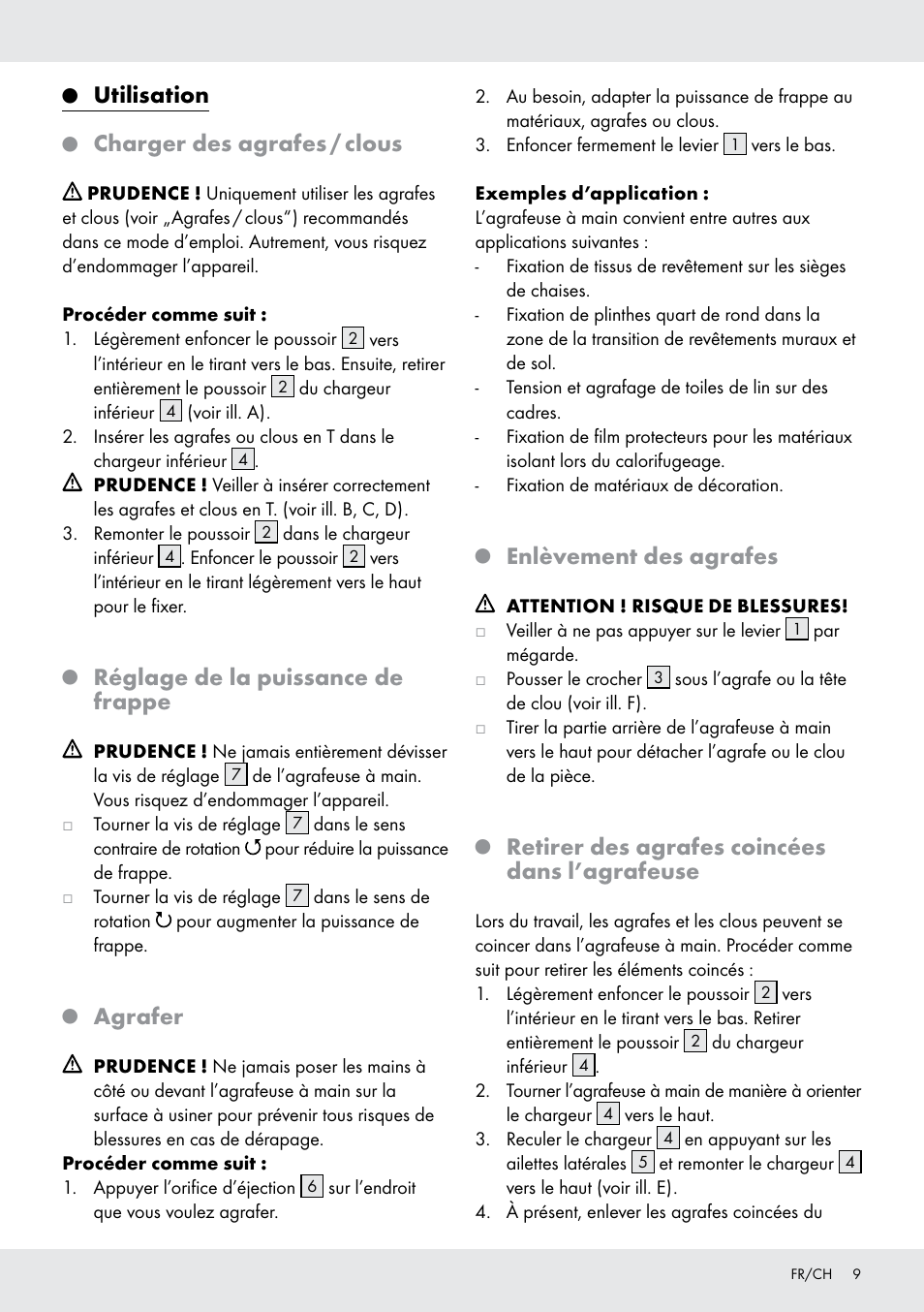 Utilisation, Charger des agrafes / clous, Réglage de la puissance de frappe | Agrafer, Enlèvement des agrafes, Retirer des agrafes coincées dans l’agrafeuse | Powerfix  Z16531 User Manual | Page 9 / 14