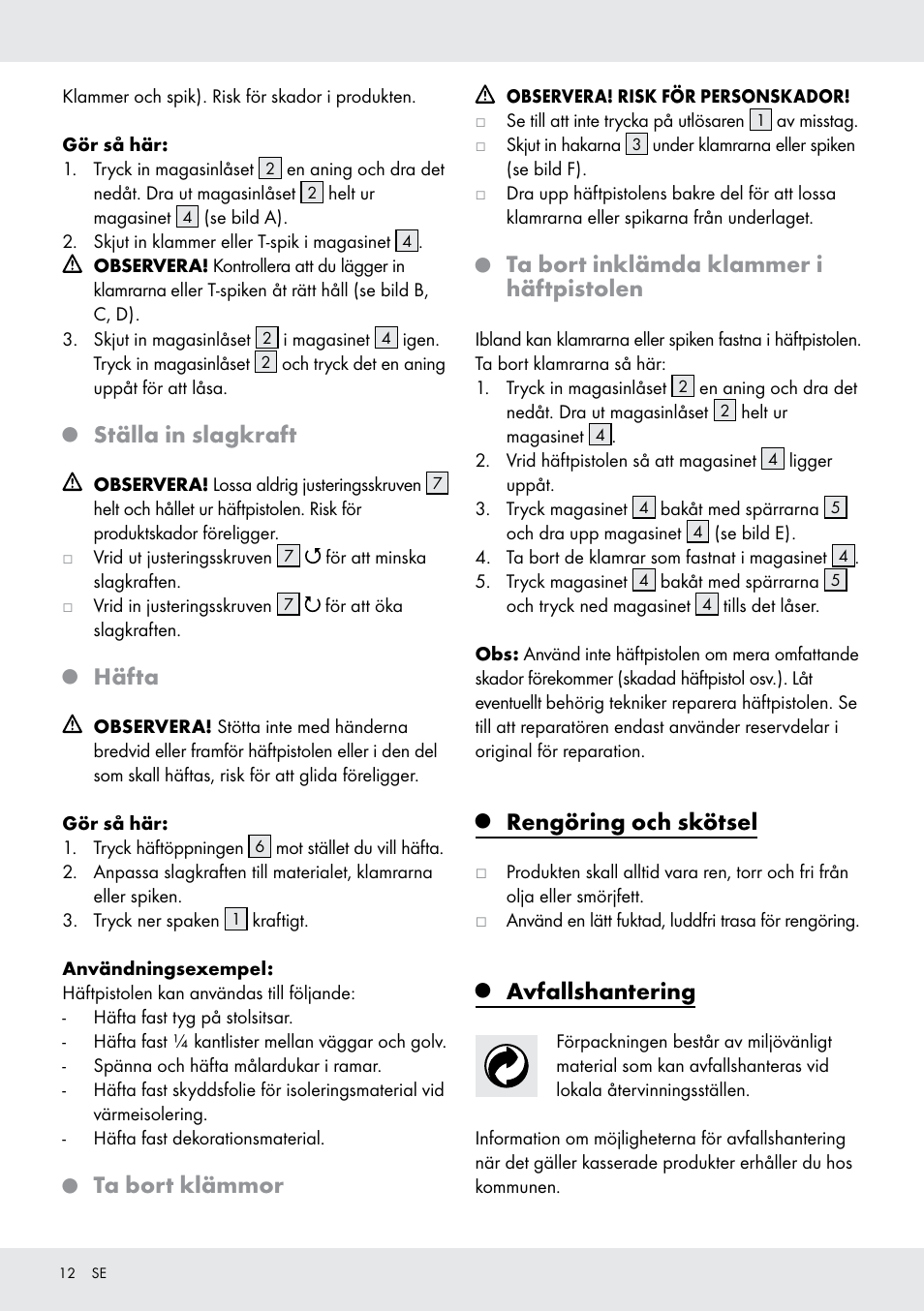 Ställa in slagkraft, Häfta, Ta bort klämmor | Ta bort inklämda klammer i häftpistolen, Rengöring och skötsel, Avfallshantering | Powerfix  Z16531 User Manual | Page 12 / 25