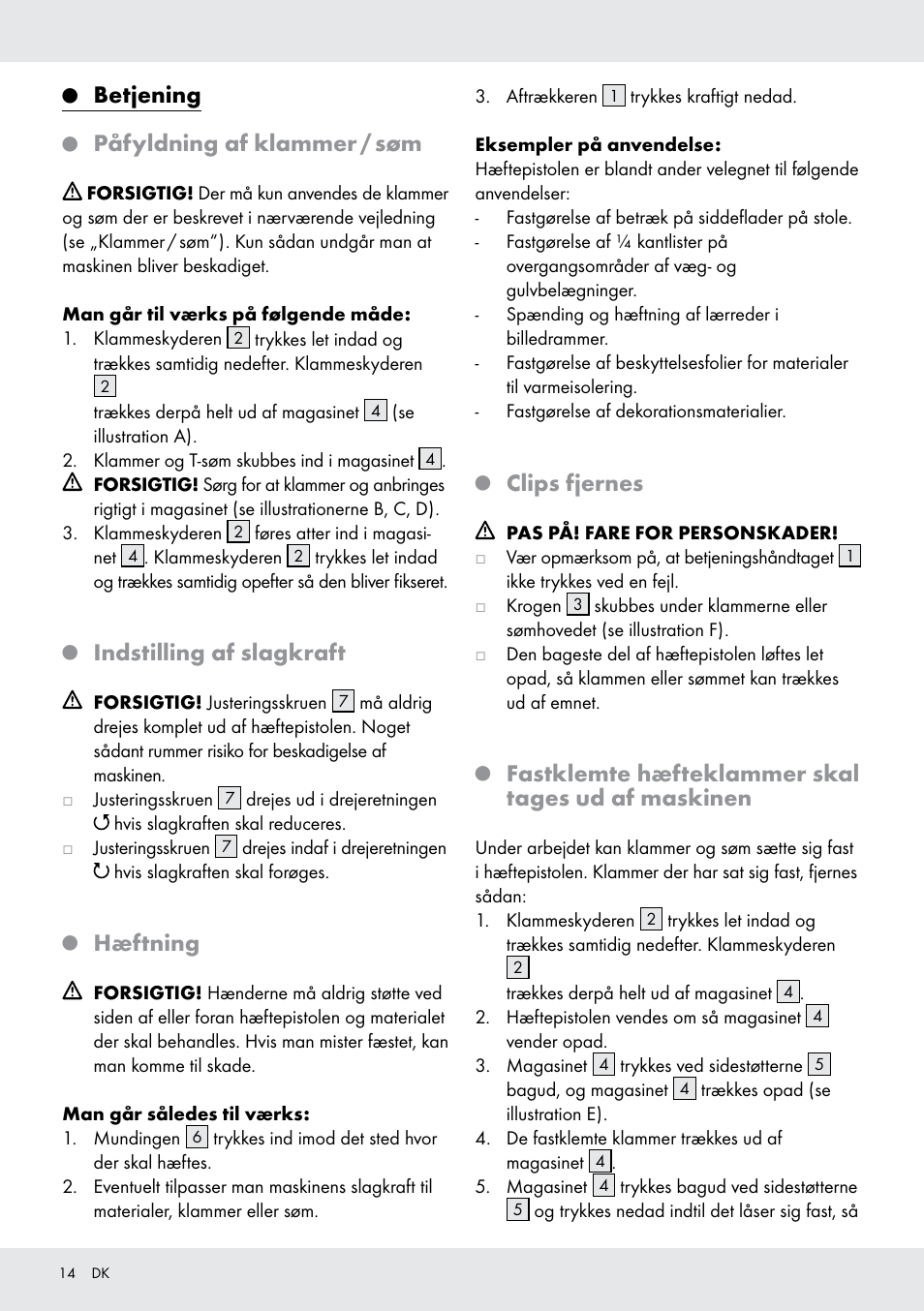 Betjening, Påfyldning af klammer / søm, Indstilling af slagkraft | Hæftning, Clips fjernes, Fastklemte hæfteklammer skal tages ud af maskinen | Powerfix  Z16531 User Manual | Page 14 / 25