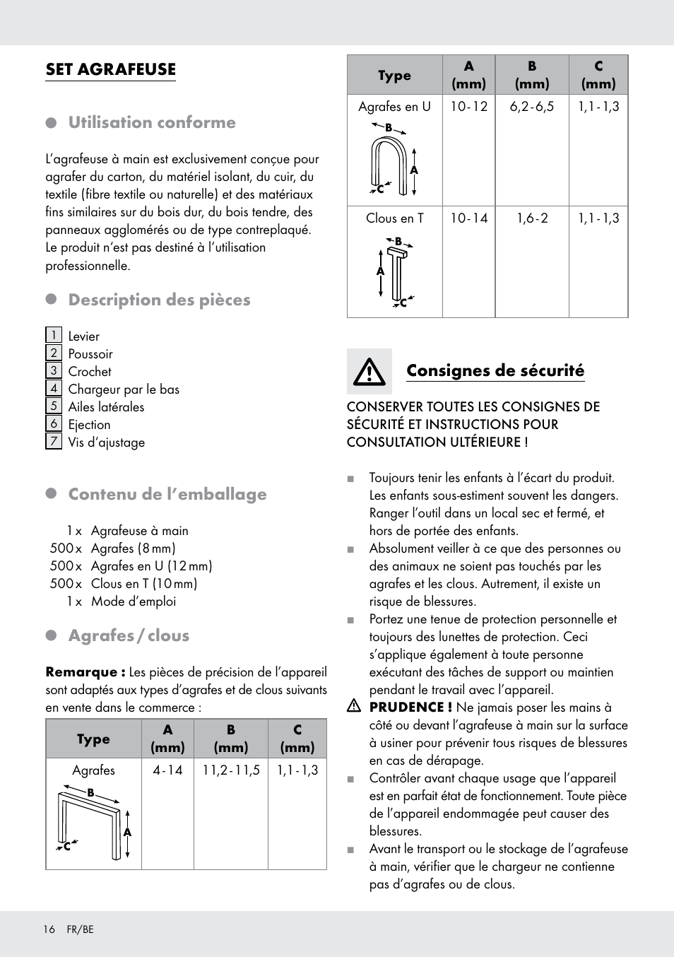 Set agrafeuse, Utilisation conforme, Description des pièces | Contenu de l’emballage, Agrafes / clous, Consignes de sécurité | Powerfix  Z16531 User Manual | Page 16 / 25