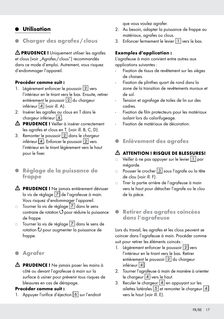 Utilisation, Charger des agrafes / clous, Réglage de la puissance de frappe | Agrafer, Enlèvement des agrafes, Retirer des agrafes coincées dans l’agrafeuse | Powerfix  Z16531 User Manual | Page 17 / 25