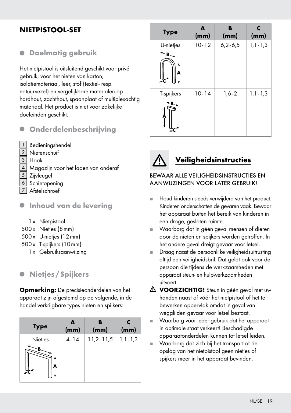 Nietpistool-set, Doelmatig gebruik, Onderdelenbeschrijving | Inhoud van de levering, Nietjes / spijkers, Veiligheidsinstructies | Powerfix  Z16531 User Manual | Page 19 / 25